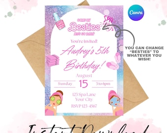 Invitación de cumpleaños de spa de muñecas rosas, fiesta de cumpleaños de mimos de muñecas rosas, fiesta de muñecas de moda, invitación digital, plantilla imprimible, invitación de Canva