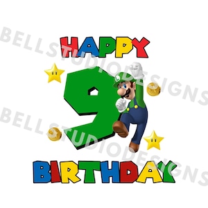 9e anniversaire de Super Mario PNG JPG, anniversaire de Luigi PNG, Cricut, camée silhouette, image de fichier coupé, 9e anniversaire de Luigi png, neuvième anniversaire de Luigi