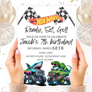 Convite editável de aniversário Monster Truck, Monster Trucks Trex Shark, Convite vintage, Convite digital, Modelo para impressão, Convite Canva