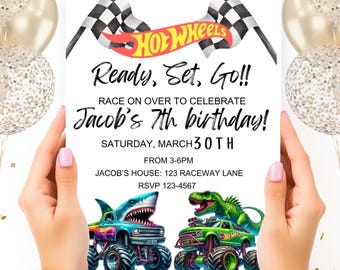 Editable Monster Truck birthday Invitation, Trex Shark Monster Trucks, Vintage invite, Digital Invite, Printable Template, Canva invitation