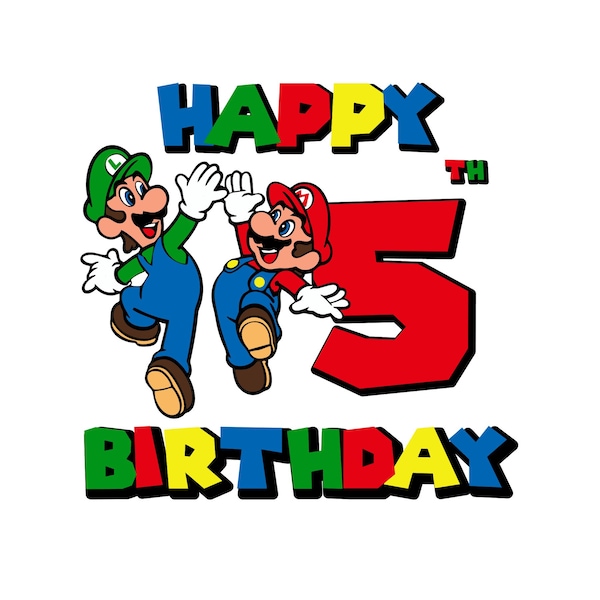 Super mario 5th birthday SVG, PNG, jpg, mario and luigi birthday, mario fifth birthday svg, luigi 5th birthday svg, Mario & Luigi svg