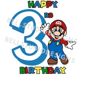 Super Mario dritter Geburtstag für Shirt SVG, PNG, jpg, dritter Geburtstag, Cricut, Silhouette Cameo, Sofortiger Download, Kuchen Cupcake Topper, Tshirt