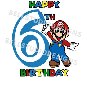 Super Mario 6. Geburtstag für Shirt SVG, PNG, jpg, 6.Geburtstag, Cricut, Silhouette Cameo, Sofortiger Download, Kuchen Cupcake Topper, Tshirt