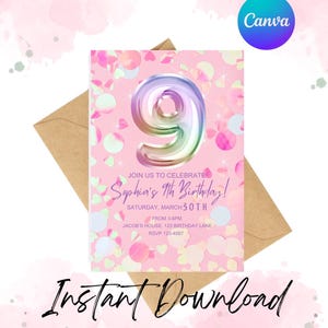 Modifiable 9e anniversaire fille Invitation fête d'anniversaire paillettes inviter feuille arc-en-ciel neuvième anniversaire Téléchargement instantané modèle imprimable