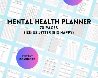 May include: A collection of printable mental health planner pages. The pages are white with black text and include sections for weekly, daily, and self-care tracking. The planner is 70 pages and sized for US Letter (Big Happy) format. Includes "Goodnotes Compatible" and "Instant Download" labels.