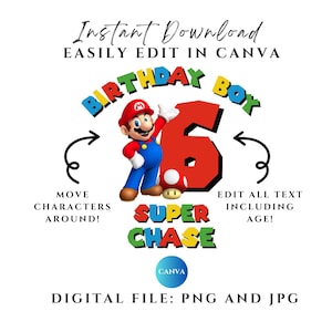Camiseta de cumpleaños de Super Mario editable PNG, camiseta de Mario, Super Mario Bros, nombre de Mario y edad PNG, personaje de Mario PNG para camiseta, adorno para tarta