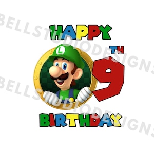 9e anniversaire de Super Mario PNG JPG, anniversaire de Luigi PNG, Cricut, camée silhouette, image de fichier coupé, 9e anniversaire de Luigi png, neuvième anniversaire de Luigi