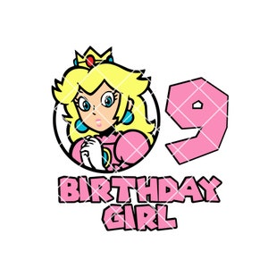 9e anniversaire de la princesse Peach SVG PNG jpg, anniversaire fille de la princesse Peach SVG, Cricut, camée silhouette, image de fichier coupé, neuvième anniversaire de la pêche