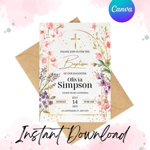 Editable Floral Baptism Invitation template, Christening, Digital Invite, Printable Template, Instant download Canva, flowers pink purple