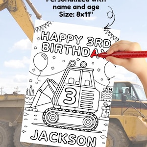 Personalized Construction Digger Birthday Coloring Page – Custom Name & Age – Toddler Boy Party Favors –  Birthday Activity for Kids
