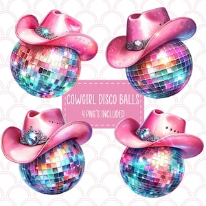 Cowgirl Hut Disco Ball Png Bundle, Girly Sublimation, Western, Trendy, Sublimation, T-Shirt, Sweatshirt, rosa Hut, holographisch, Cowboy