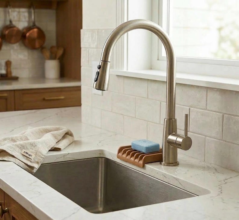 Silicone Sponge Holder| Self Draining Soap Tray| Kitchen Sink Organizer| Faucet Splash Catcher image 6
