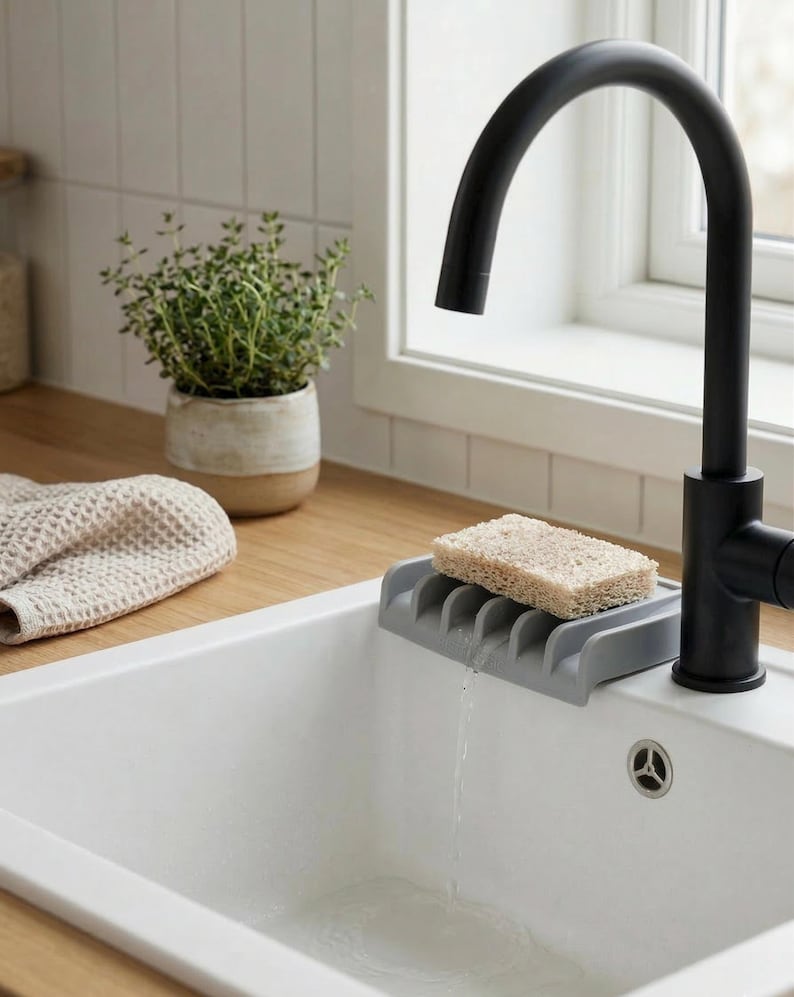 Silicone Sponge Holder| Self Draining Soap Tray| Kitchen Sink Organizer| Faucet Splash Catcher image 4
