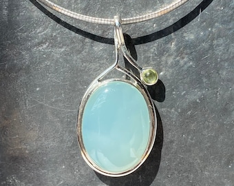 Chalcedony pendant with peridot- Aqua chalcedony pendant - blue chalcedony necklace with cabochon peridot