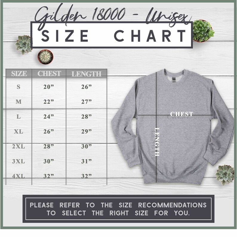 Może przedstawiać: Tabela rozmiar&oacute;w dla unisexowej bluzy Gildan 18000. Tabela pokazuje wymiary klatki piersiowej i długości w calach dla rozmiar&oacute;w od S do 4XL.