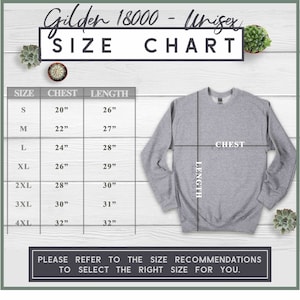 Op de afbeelding: Maattabel voor een unisex Gildan 18000 sweatshirt. De tabel toont borst- en lengtemaat in inches voor maten S tot en met 4XL.