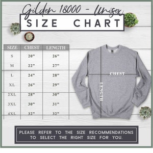 Op de afbeelding: Maattabel voor een unisex Gildan 18000 sweatshirt. De tabel toont borst- en lengtemaat in inches voor maten S tot en met 4XL.