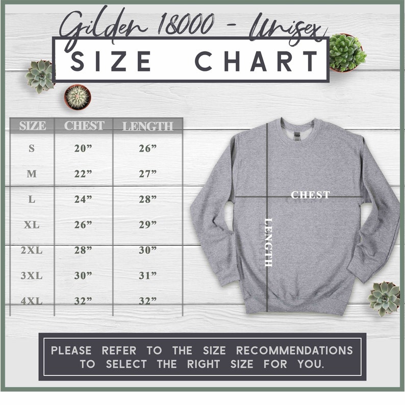 Op de afbeelding: Maattabel voor een unisex Gildan 18000 sweatshirt. De tabel toont borst- en lengtemaat in inches voor maten S tot en met 4XL.