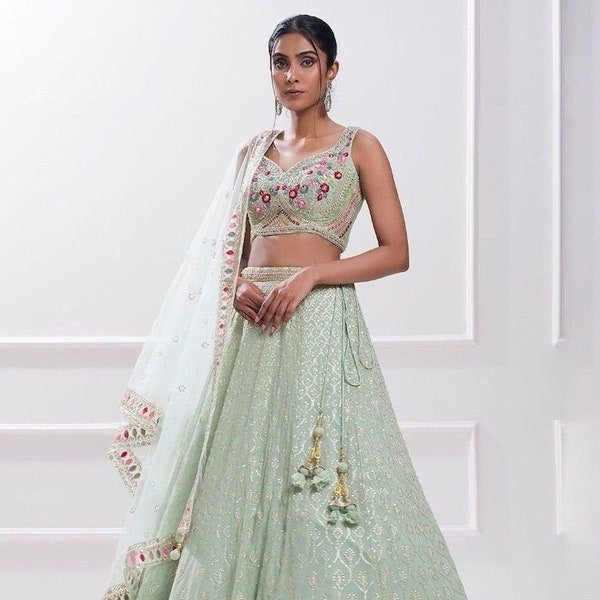 Light green Georgette Lehnga Choli for woman Punjabi lehenga Marriage Ghagra Bollywood Sangeet lehenga Indian Bridal Lahnga Choli Party Wear