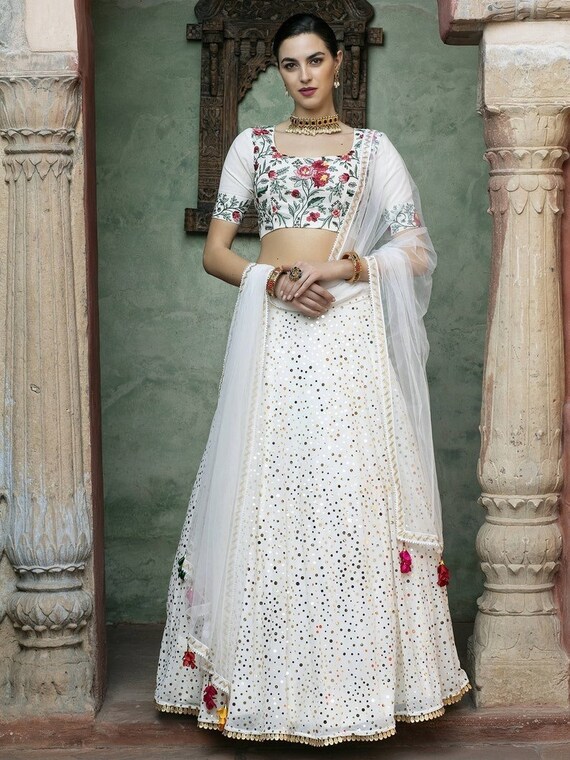 Off White And Maroon Designer Lehenga Choli With Bandhani Dupatta