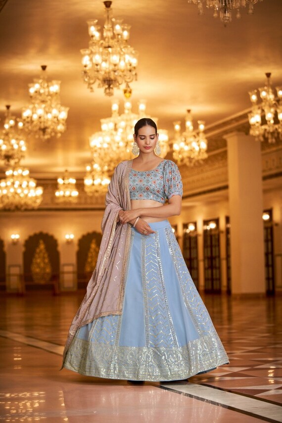 Light Blue Party Wear Georgette Lehenga Choli for Woman Bollywood