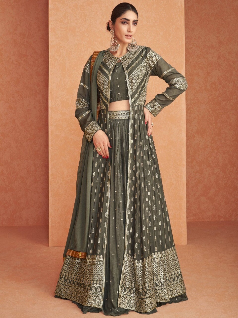 party wear lehenga with long jacket