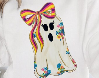 Colorful Coquette gold glitter ghost png, Halloween girls fall png, Fall Coquette Bow Ghost, Cute Ghost Fall Png