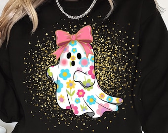 Floral Pink Ghost Halloween Png, Cute Ghost Blowing Bubble Png, Spooky Season Png, Pastel Halloween Sublimation, Boho Pumpkin Shirt Design
