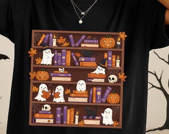 Retro Halloween Bookshelf PNG, Ghost Reading Book Png, Ghost Books Halloween Png, Teacher Halloween Png, Book Lover Shirt Png