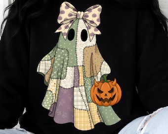 Retro Halloween Denim Ghost Png, Cute Boo Ghost Coquette Png, Fall Pumpkin Png, Spooky Season Png, Trendy Patchwork Spooky Ghost Png