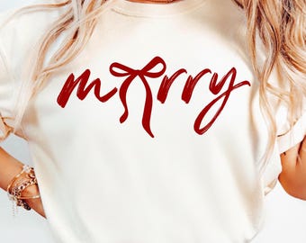Merry Bow Christmas SVG, Merry and Bright PNG, Cute Festive Shirt SVG, Coquette Christmas Png, Retro Merry Shirt, Red Bow Svg for Holiday
