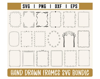 Könnte beinhalten: Eine Sammlung handgezeichneter Rahmen in Schwarz, darunter rechteckige, quadratische und ovale Formen. Das Bild enthält den Text "SVG | PNG | DXF | EPS" und "HAND DRAWN FRAMES SVG BUNDLE".