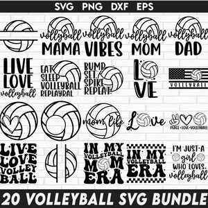 Puede incluir: Un conjunto de 20 diseños SVG en blanco y negro con frases e imágenes sobre el voleibol. Los diseños incluyen frases como "Live Love Volleyball", "Bump Set Spike Repeat" y "Mom Life".