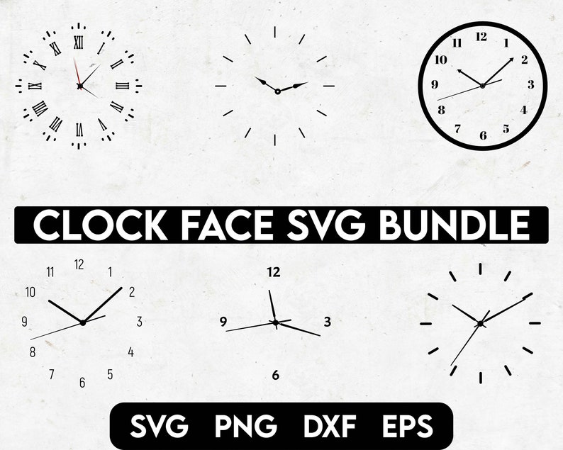May include: A set of six clock face SVG files. The clock faces are in various styles, including Roman numeral, Arabic numeral, and minimalist. The SVG files can be used for crafting, scrapbooking, or digital design.