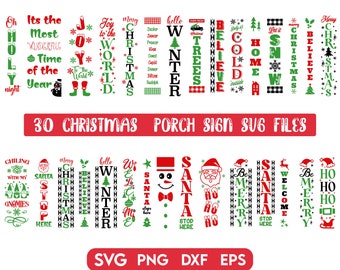 May include: Thirty Christmas porch sign SVG files in red, green, and black. The signs feature various Christmas-themed phrases and images, such as "Merry Christmas", "Santa Stop Here", and "Welcome".