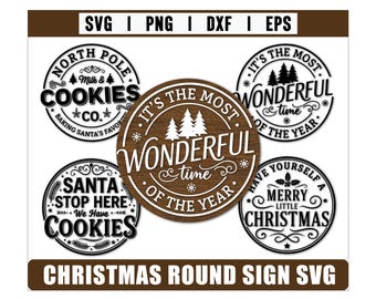 Kerst ronde bord SVG-bundel, kerstdecor, rond houten bord, gesneden bestand SVG, Xmas deurhanger decor, vintage boerderij teken SVG