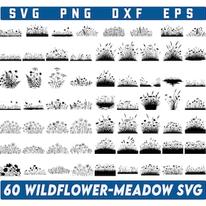 Bundle Svg prairie de fleurs sauvages, bouquet de fleurs minimaliste, bordure de fleurs SVG, Svg de scènes de nature botanique, clipart fleurs sauvages, prairie de fleurs