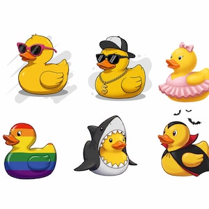 Puede incluir: Seis diferentes juguetes de pato de goma con varios accesorios. Los patos son amarillos y tienen diferentes expresiones. Un pato lleva gafas de sol, otro lleva una gorra de b&eacute;isbol, otro lleva un tut&uacute;, otro lleva un disfraz de vampiro, otro lleva un arco&iacute;ris y otro est&aacute; dentro de un disfraz de tibur&oacute;n.