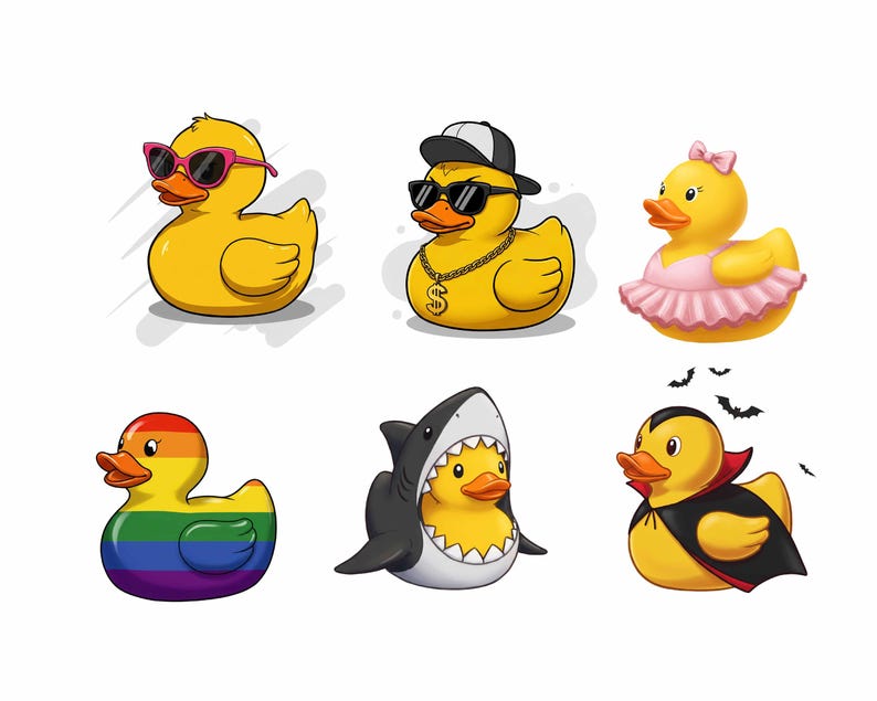 Puede incluir: Seis diferentes juguetes de pato de goma con varios accesorios. Los patos son amarillos y tienen diferentes expresiones. Un pato lleva gafas de sol, otro lleva una gorra de b&eacute;isbol, otro lleva un tut&uacute;, otro lleva un disfraz de vampiro, otro lleva un arco&iacute;ris y otro est&aacute; dentro de un disfraz de tibur&oacute;n.