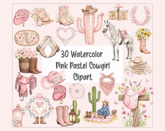 May include: A set of 30 watercolour clipart images with a pink pastel cowgirl theme. The images include cowboy boots, hats, saddles, cacti, a horse, and floral arrangements. The text "30 Watercolor Pink Pastel Cowgirl Clipart" is displayed.