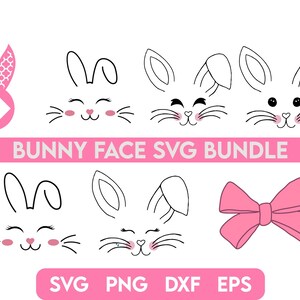 May include: A digital download bundle of 10 SVG files featuring bunny faces in various styles. The bundle includes a bow, ears, and different facial expressions.  The text "Bunny Face SVG Bundle" is included in the image.