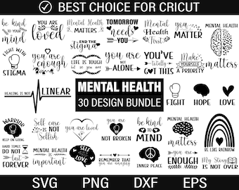 Könnte beinhalten: Ein Schwarz-Weiß-Grafikdesign-Paket für Cricut mit 30 Designs zum Thema mentale Gesundheit. Die Designs beinhalten Sätze wie "Du bist geliebt", "Mentale Gesundheit zählt", "Sei freundlich zu deinem Geist" und "Heilung ist nicht linear".