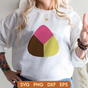 May include: A white sweatshirt with a brown, pink, and yellow geometric design in the shape of a triangle.