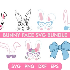 May include: A set of 7 bunny face SVG files for crafting and design projects. The designs include a bunny with sunglasses, a bunny with a flower crown, a bunny with a bandana, and a bunny with heart-shaped sunglasses. The files are available in SVG, PNG, DXF, and EPS formats.