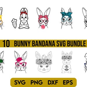 May include: A set of 10 bunny bandana SVG files for crafting and design projects. The bunnies are wearing various bandanas with different patterns and colors, including floral, polka dot, and striped designs. The SVG files can be used to create personalized items such as t-shirts, mugs, tote bags, and more.