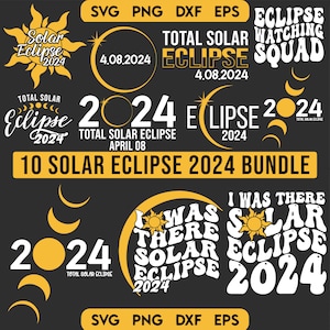 Puede incluir: Un conjunto de 10 diseños digitales con varios gráficos relacionados con el eclipse solar total de 2024. Los diseños incluyen texto como "Eclipse solar total", "Eclipse Watching Squad", "Estuve allí Eclipse solar 2024" y "Eclipse 2024".