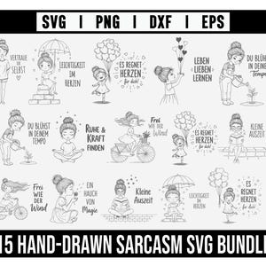 May include: A black and white SVG bundle featuring 15 hand-drawn illustrations with inspirational quotes and whimsical imagery. The designs include figures with umbrellas, balloons, and bicycles, along with text such as "Trust Yourself" and "Free as the Wind."