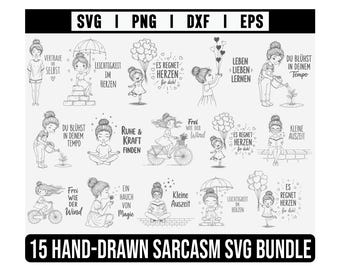 May include: A black and white SVG bundle with 15 hand-drawn illustrations. The designs feature figures with umbrellas, balloons, and bicycles, alongside inspirational quotes. Text includes phrases like "Trust Yourself" and "Free as the Wind".