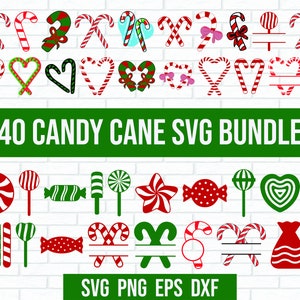 Puede incluir: Un conjunto de 40 diseños de bastones de caramelo rojos y verdes en formato SVG. Los diseños incluyen bastones de caramelo en varias formas, incluyendo corazones, espirales y bastones de caramelo tradicionales. El texto "40 CANDY CANE SVG BUNDLE" se muestra en la parte superior de la imagen. El texto "SVG PNG EPS DXF" se muestra en la parte inferior de la imagen.