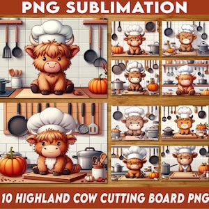 May include: 10 digital PNG images of Highland cows wearing chef hats and holding kitchen utensils. The cows are cartoon-style and have a whimsical, cute appearance. The images are perfect for creating sublimation designs for cutting boards.